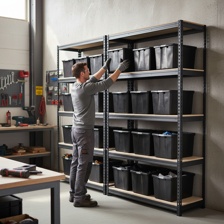 Heavy Duty Shelving with 12x 62L Plastic Storage Boxes - 1800mm High - Front view