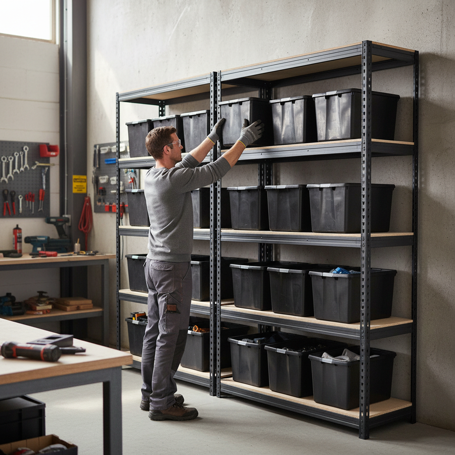 Heavy Duty Shelving with 12x 62L Plastic Storage Boxes - 1800mm High - Front view