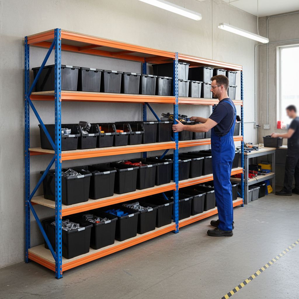 3x Heavy Duty Shelving - 1800mm High - Blue & Orange with 8x 62L Plastic Storage Boxes - Front view