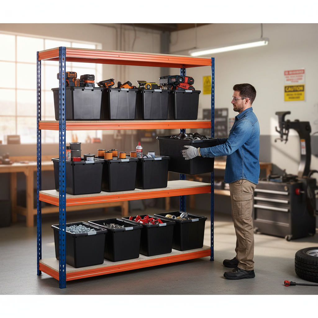 Heavy Duty Industrial Shelving - 2000mm High with 12x 37L Storage Boxes - Front view