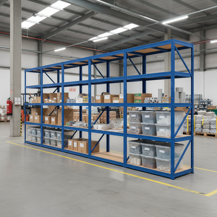 Premium 4x Shelving Units - 2130mm High - Blue with 12x 60L Storage Boxes - Front view