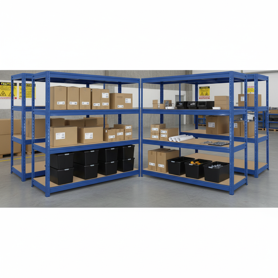 4x Premium Heavy Duty Shelving - 1770mm High - Blue with 12x 62L Plastic Storage Boxes - Front view