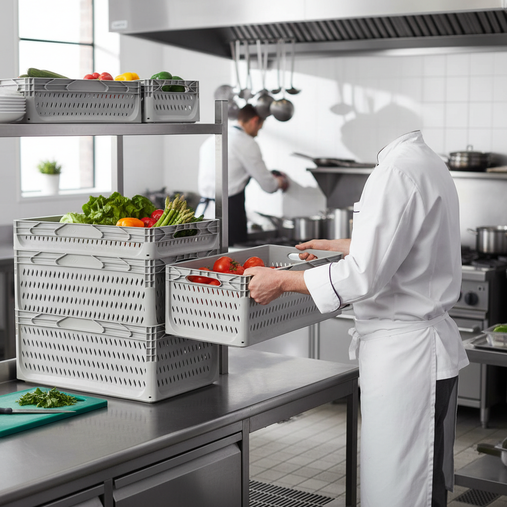 Premium Vented Euro Containers - Light Grey - Multiple Sizes Available - Side view