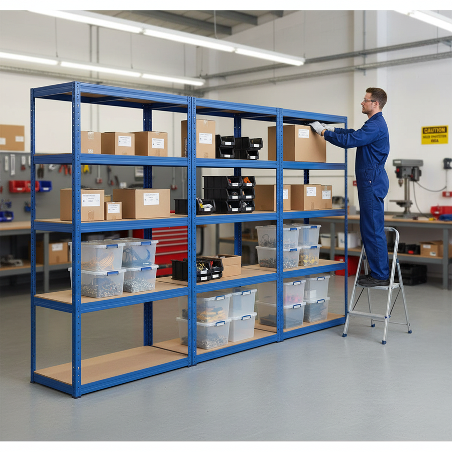 4x Heavy Duty Shelving Units - 2130mm High - Blue with 8x 33.5L Storage Boxes - Front view