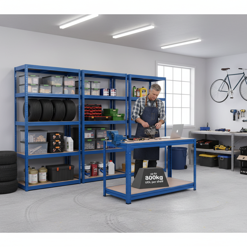 3x Heavy Duty Shelving Units - 1800mm High & 1x Professional Workbench - 1600mm Wide - Blue - Side view