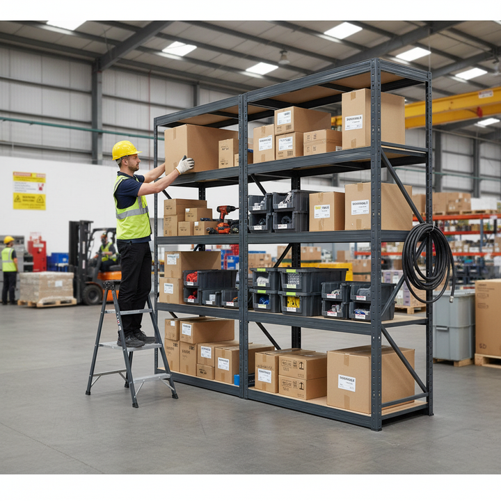 Premium Industrial Shelving - 2130mm High - 200/280kg Load Capacity - Grey - Side view