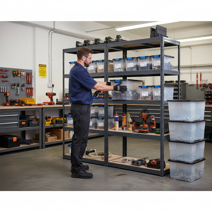 Premium Shelving Units with 12x 24L Storage Boxes - 1800mm High - Grey - Front view