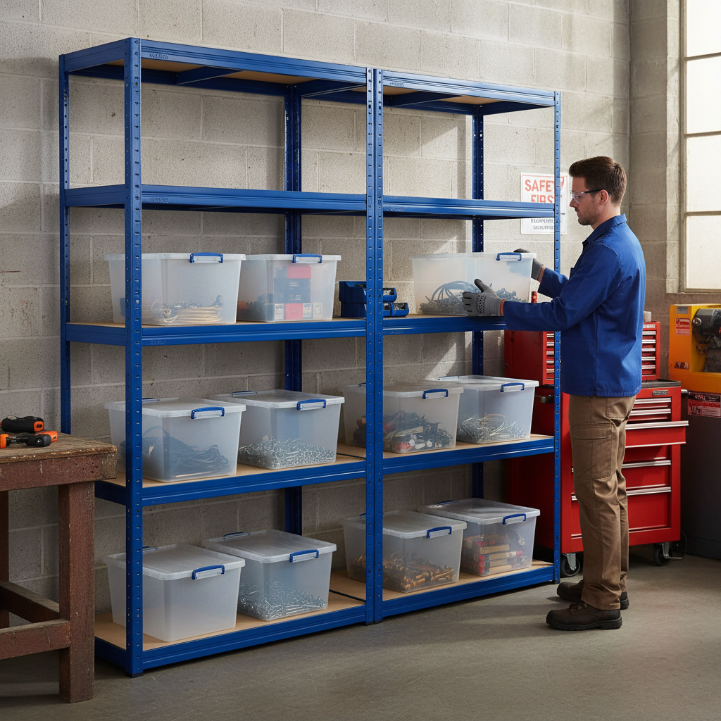 Premium 2x Shelving Units - 1800mm High - Blue with 8x 33.5L Storage Boxes - Front view