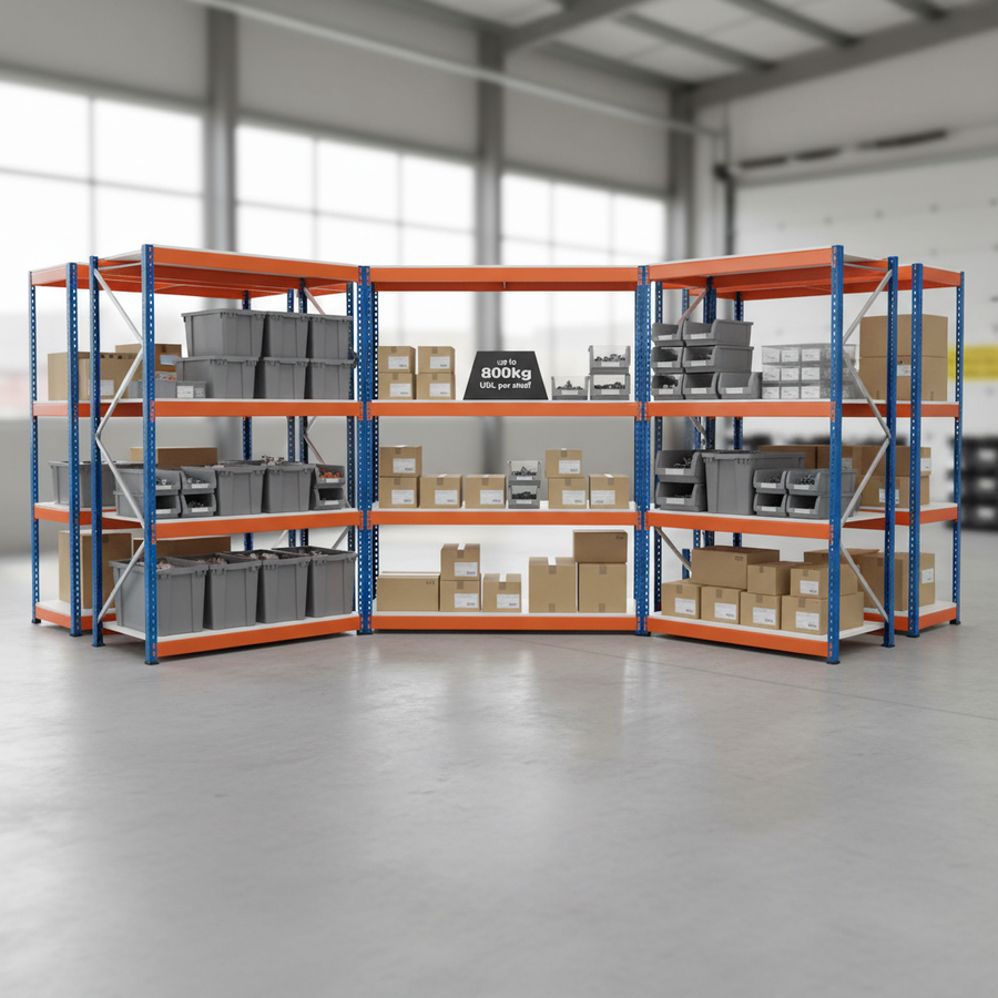 5x Heavy Duty Industrial Shelving - 1980mm High - 800kg Capacity - Blue & Orange - Front view