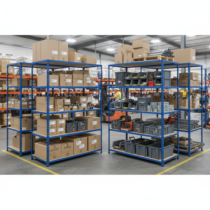 Premium 4x Industrial Shelving - 1830mm High - 200kg Capacity - Chipboard - Blue Finish - Side view