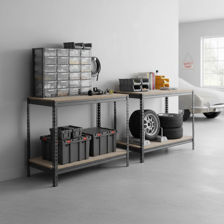 Premium Heavy Duty Workbenches - 915mm High - 400kg Capacity - Chipboard - Grey - Front view