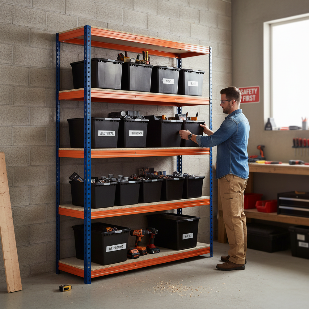 Premium Heavy Duty Shelving - 1600mm High - Blue & Orange with 8x 62L Plastic Storage Boxes - Side view