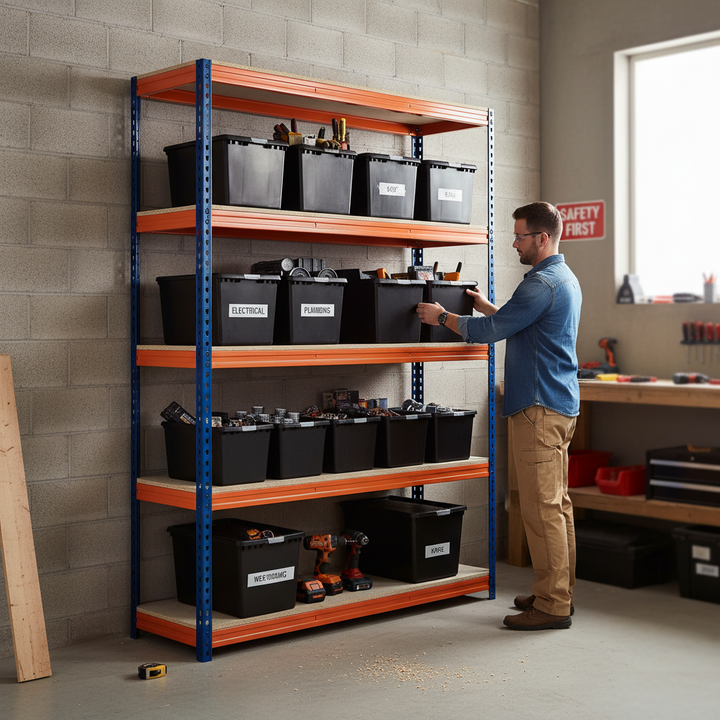 Premium Heavy Duty Shelving - 1600mm High - Blue & Orange with 8x 62L Plastic Storage Boxes - Side view