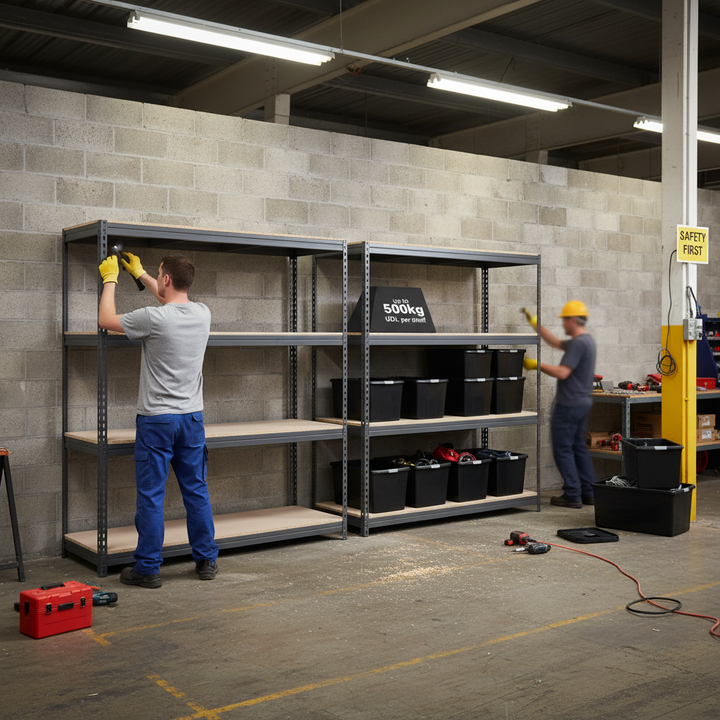 4x Heavy Duty Shelving Units - 1800mm High - Grey with 12x 62L Plastic Storage Boxes - Front view
