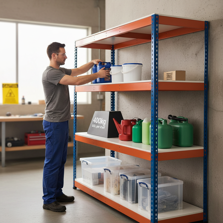 Heavy Duty Industrial Shelving - 1980mm High - 400kg Capacity - Melamine - Blue & Orange - Front view