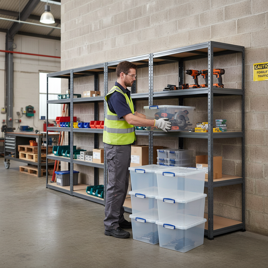 Premium 4x Shelving Units - 2130mm High - Grey with 8x 33.5L Storage Boxes - Front view