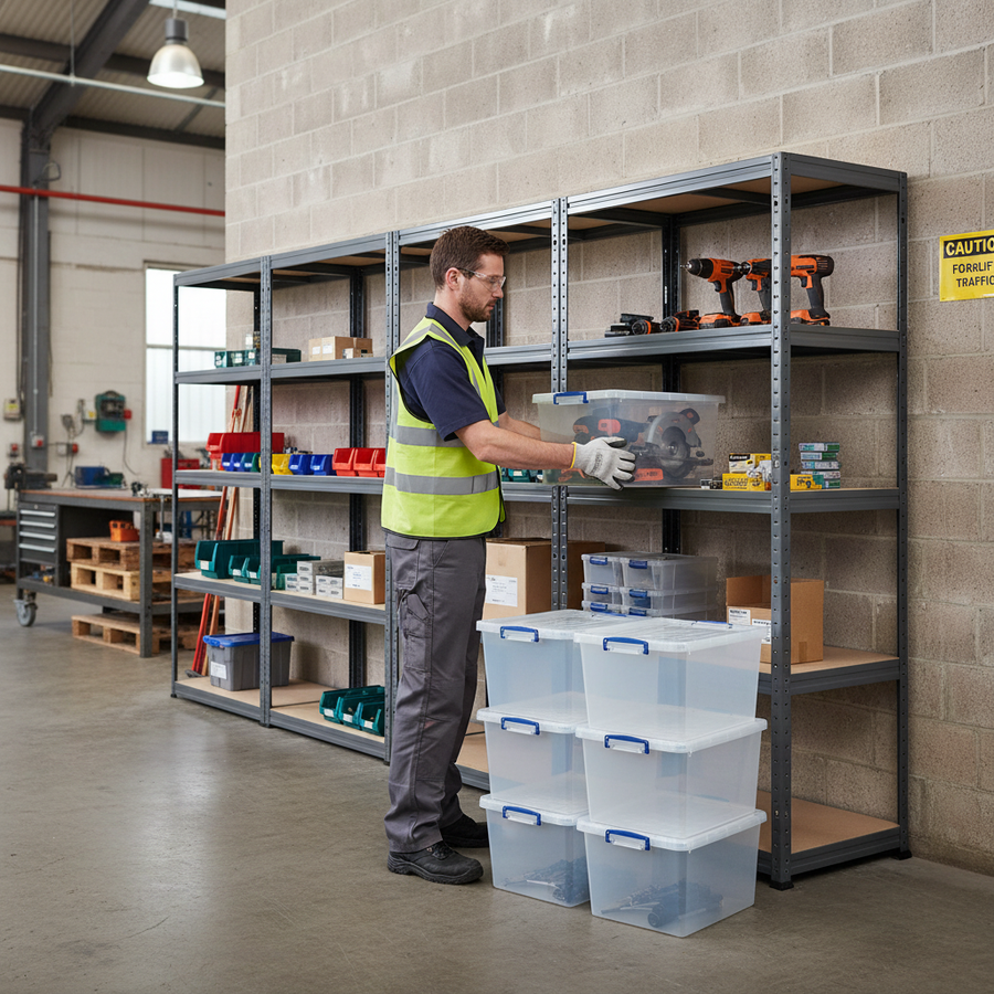 Premium 4x Shelving Units - 2130mm High - Grey with 8x 33.5L Storage Boxes - Front view