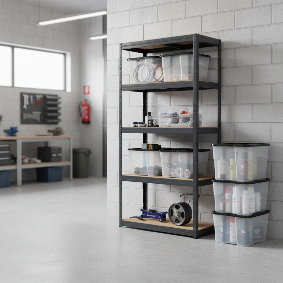 Heavy Duty Shelving Unit - 1800mm High with 8x 24L Plastic Storage Boxes - Front view