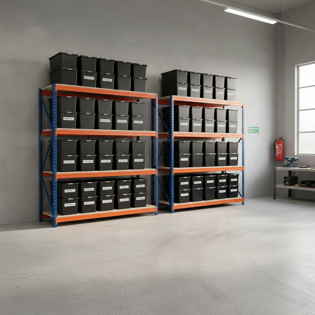 2x Heavy Duty Shelving Units - 1800mm High with 12 Durable Plastic Storage Boxes - Front view