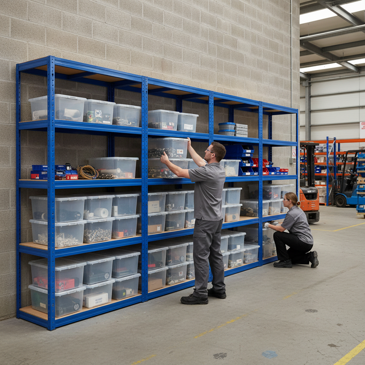 4x Heavy Duty Shelving Units - 1800mm High - Blue with 12x 60L Plastic Storage Boxes - Side view