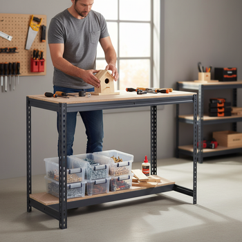 Heavy Duty Workbench with Adjustable Lower Half Shelf - 915mm High - 400kg Capacity - Chipboard - Grey Finish