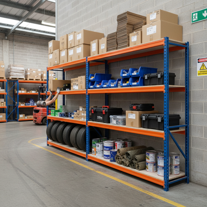Heavy Duty Industrial Shelving - 1800mm High - 500kg Capacity - Blue & Orange - Side view