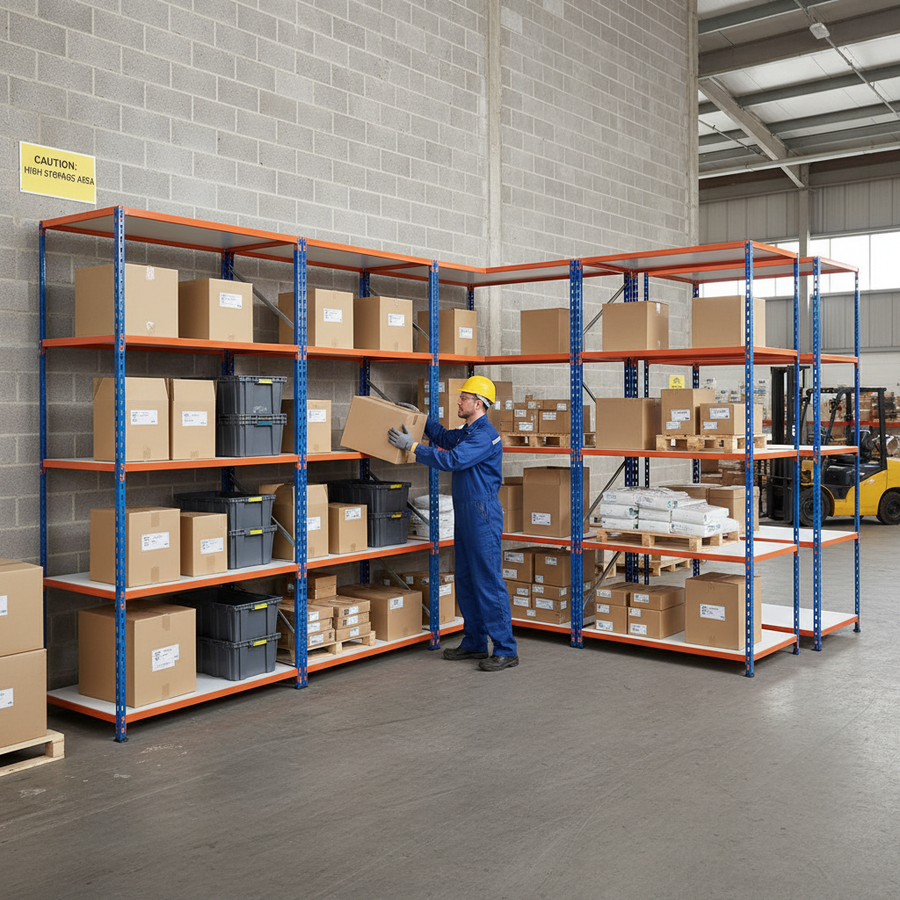 5x Heavy Duty Industrial Shelving - 2440mm High - 200kg Capacity - Melamine - Blue & Orange - Front view