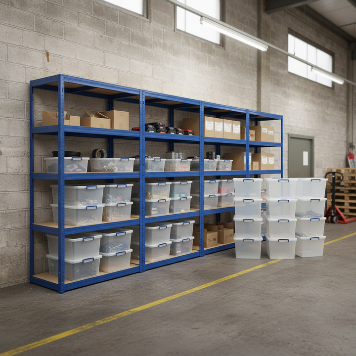 3x Heavy Duty Shelving Units - 2130mm High - Blue with 12x 33.5L Storage Boxes - Front view