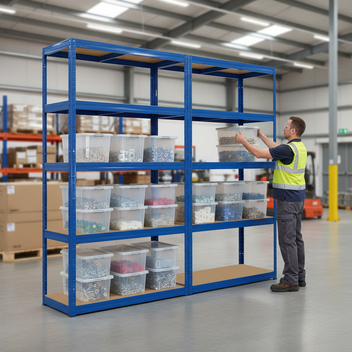 Premium 2x Shelving Unit - 1800mm High - Blue with 12x 60L Plastic Storage Boxes - Front view