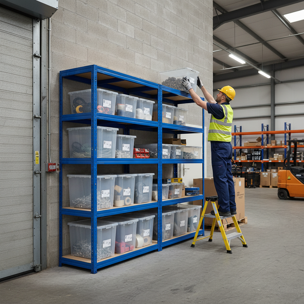 Premium 2x Shelving Units with 12x 60L Plastic Storage Boxes - 2130mm High - Side view
