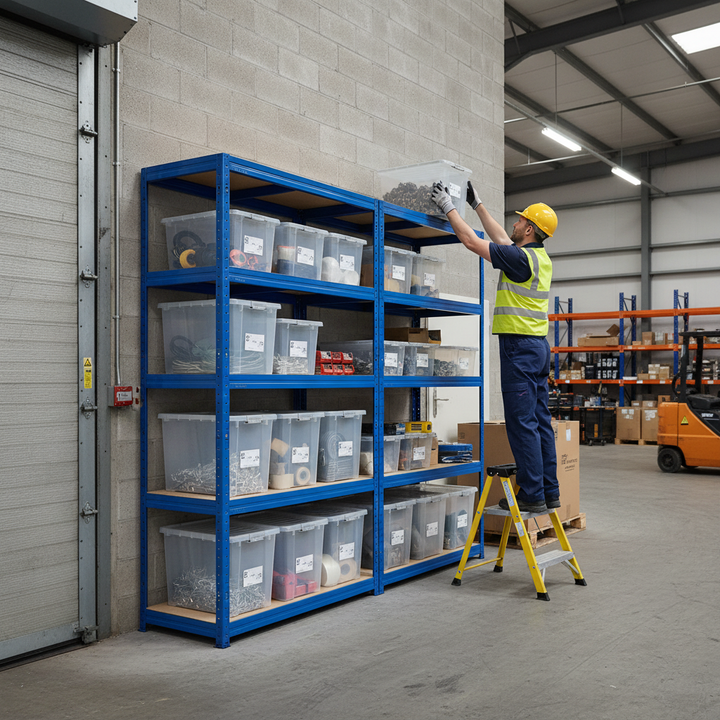 Premium 2x Shelving Units with 12x 60L Plastic Storage Boxes - 2130mm High - Side view