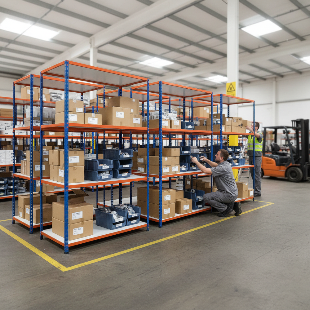 Premium 4x Industrial Shelving - 1980mm High - 340kg Capacity - Melamine - Blue & Orange - Side view