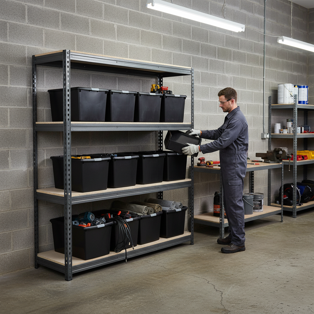 Premium Heavy Duty Shelving - 1800mm High with 8x 62L Storage Boxes - Side view