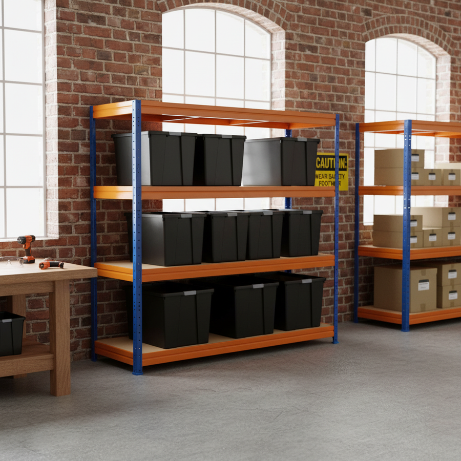 Premium Heavy Duty Shelving - 1770mm High with 8x 62L Plastic Storage Boxes - Front view
