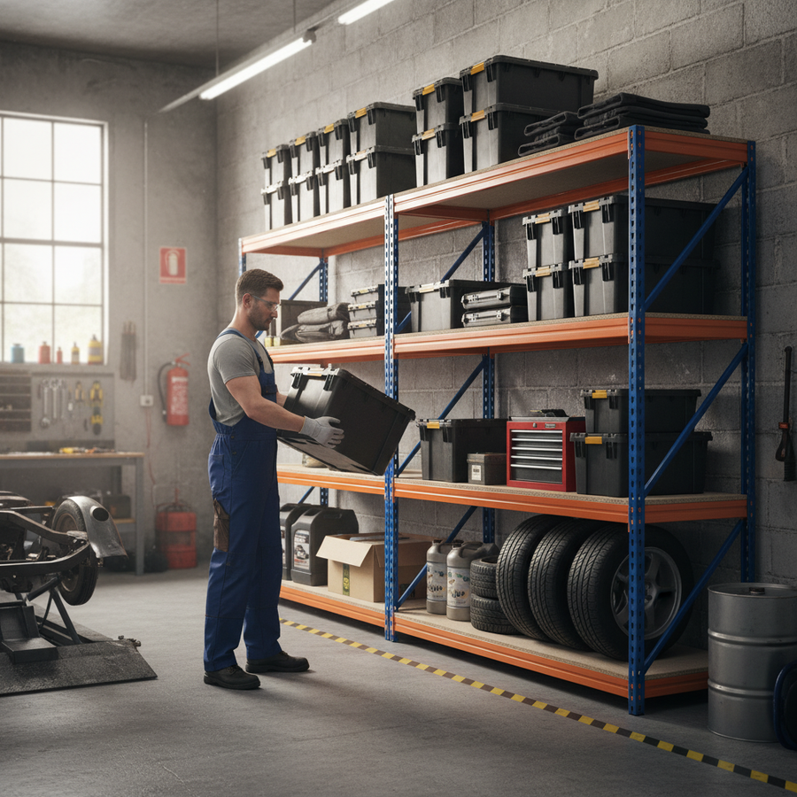 3x Heavy Duty Garage Shelving - 1600mm High - 500kg Capacity - Blue & Orange - Front view