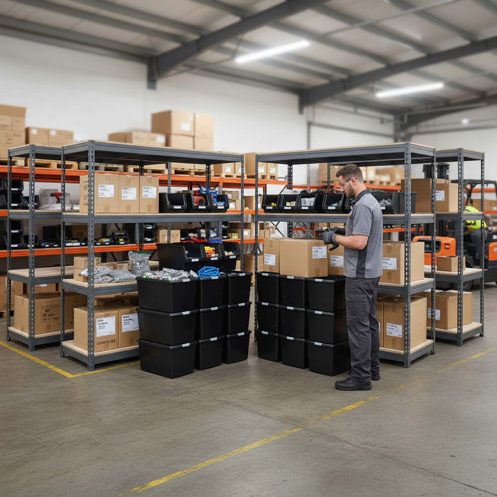 4x Premium Heavy Duty Shelving - 1600mm High - Grey with 12x 62L Storage Boxes - Side view