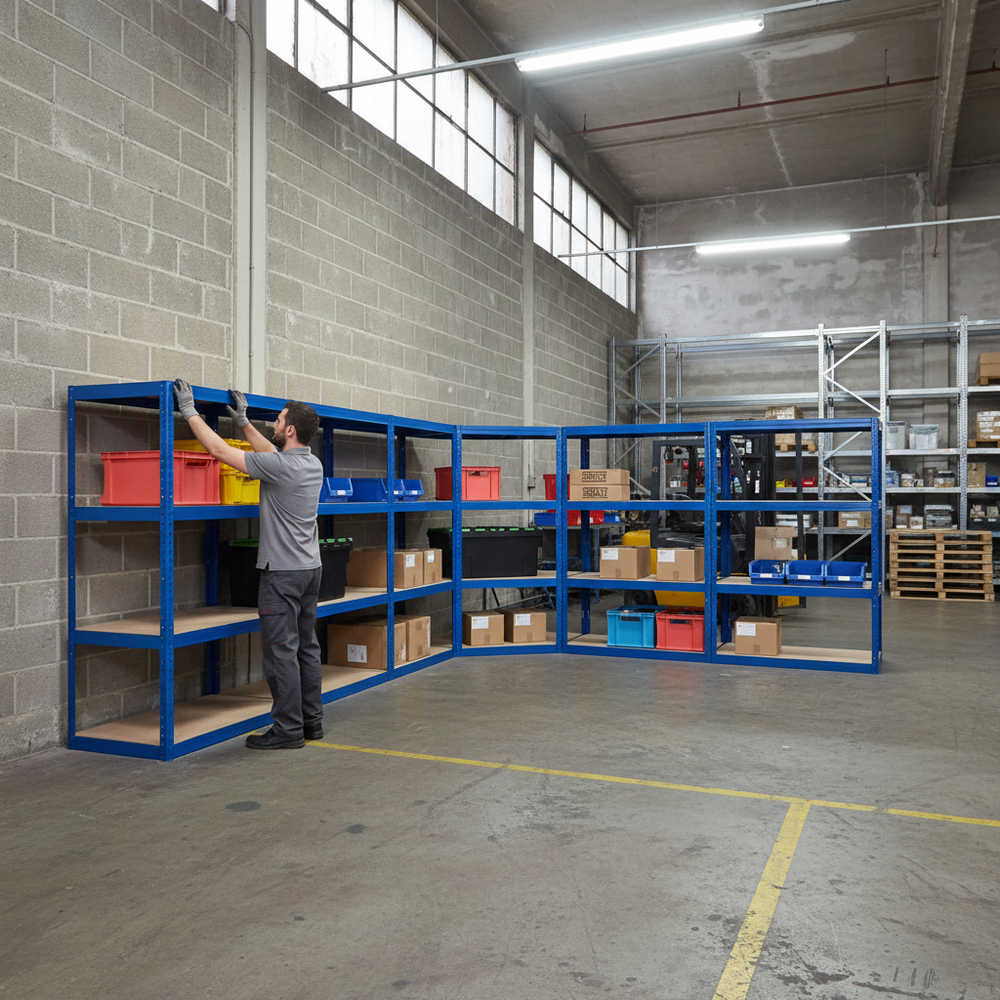 Heavy Duty Corner Shelving Unit - 1600mm High - 200/280kg Capacity - Blue - Side view