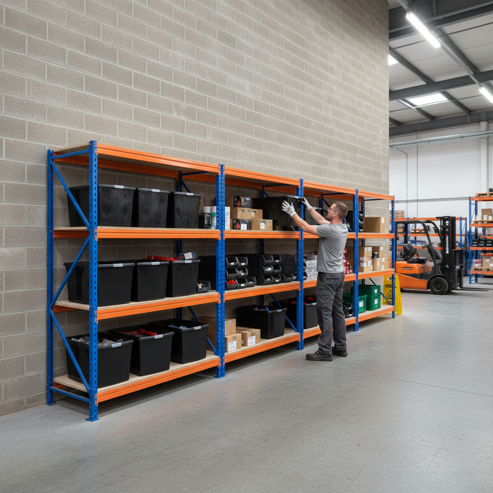 4x Heavy Duty Shelving - 2200mm High - Blue & Orange with 12x 62L Plastic Storage Boxes - Side view
