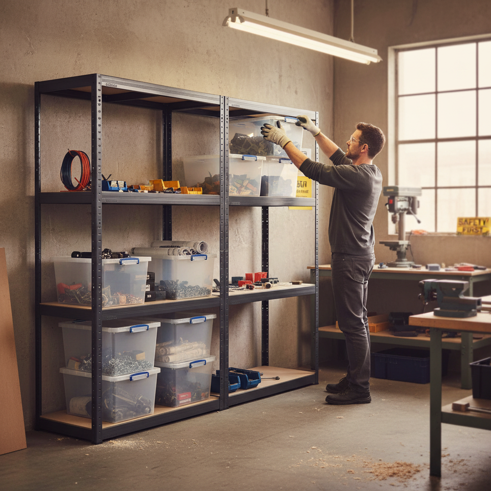 Heavy Duty Shelving Units with 8x 33.5L Storage Boxes - 1600mm High - Grey - Side view