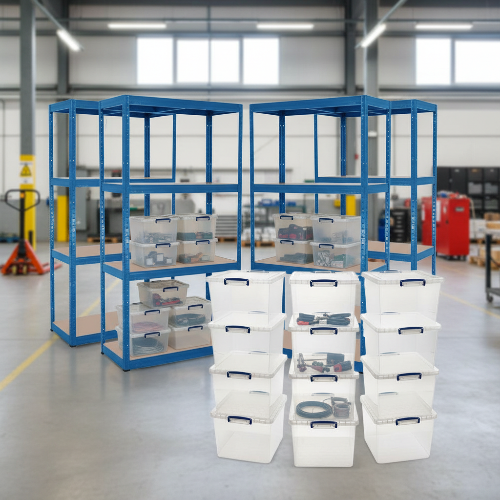 4 Premium Shelving Units - 1600mm High - Blue with 12x 33.5L Storage Boxes - Front view