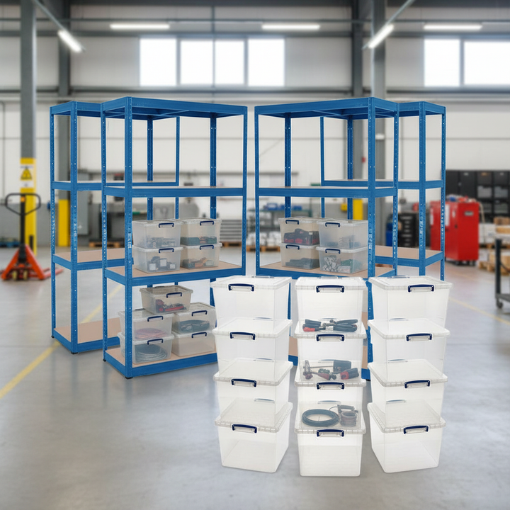 4 Premium Shelving Units - 1600mm High - Blue with 12x 33.5L Storage Boxes - Front view