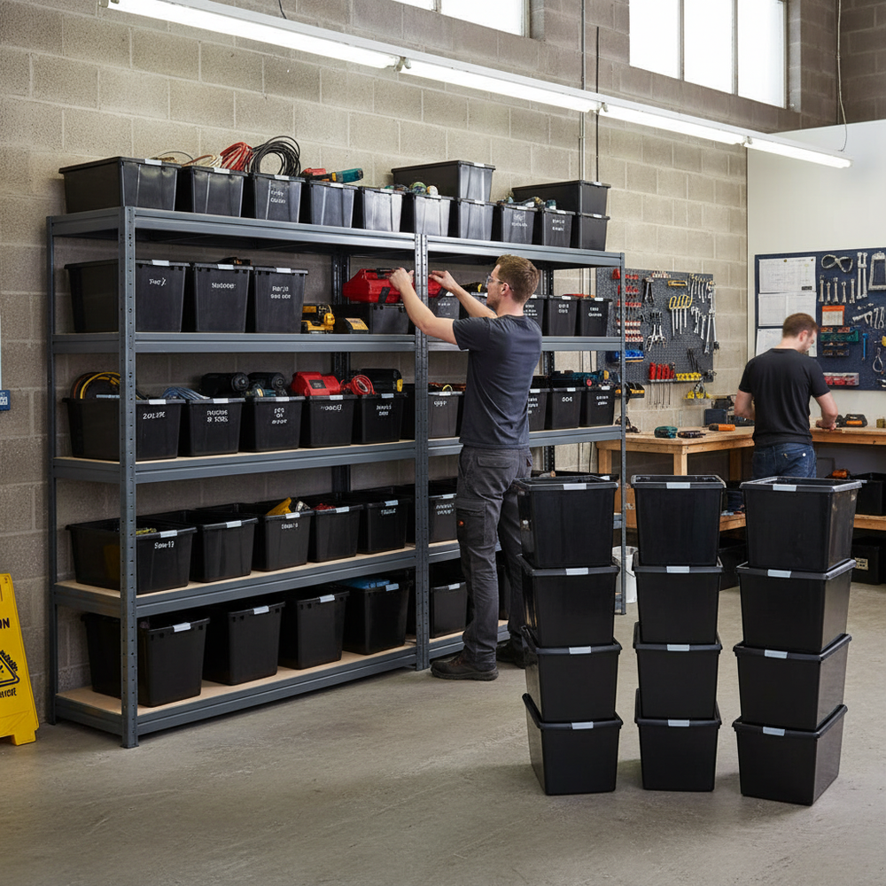 3x Heavy Duty Shelving - 1770mm High with 12x 62L Plastic Storage Boxes - Side view