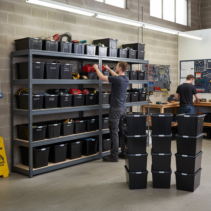 3x Heavy Duty Shelving - 1770mm High with 12x 62L Plastic Storage Boxes - Side view