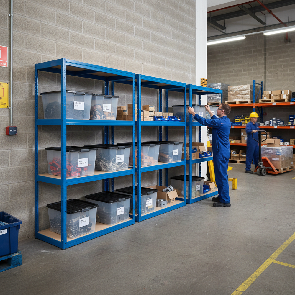 Heavy Duty Shelving Units - 1600mm High with Storage Boxes - Side view