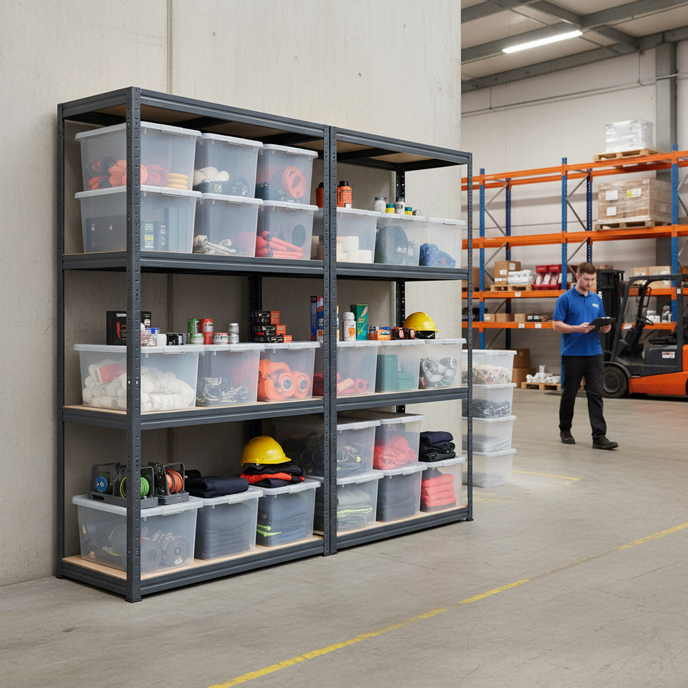 2x Heavy Duty Shelving Unit - 1600mm High - Grey with 12x 60L Plastic Storage Boxes - Side view
