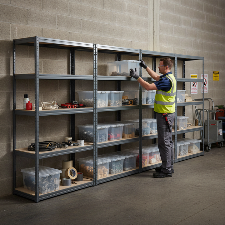 Premium 4x Shelving Units - 1800mm High - Grey with 12x 60L Plastic Storage Boxes - Front view