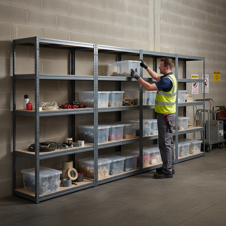 Premium 4x Shelving Units - 1800mm High - Grey with 12x 60L Plastic Storage Boxes - Front view