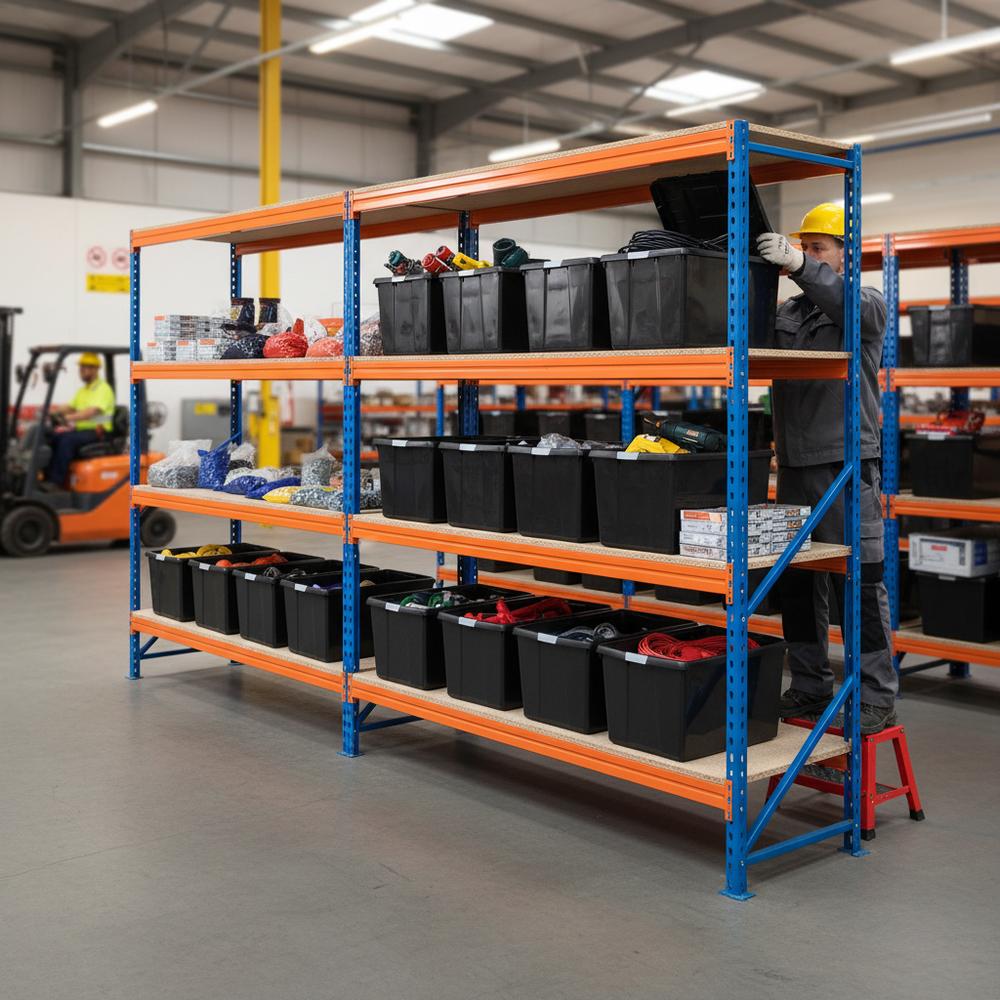 3x Heavy Duty Shelving - 2200mm High - Blue & Orange with 12x 62L Plastic Storage Boxes - Side view