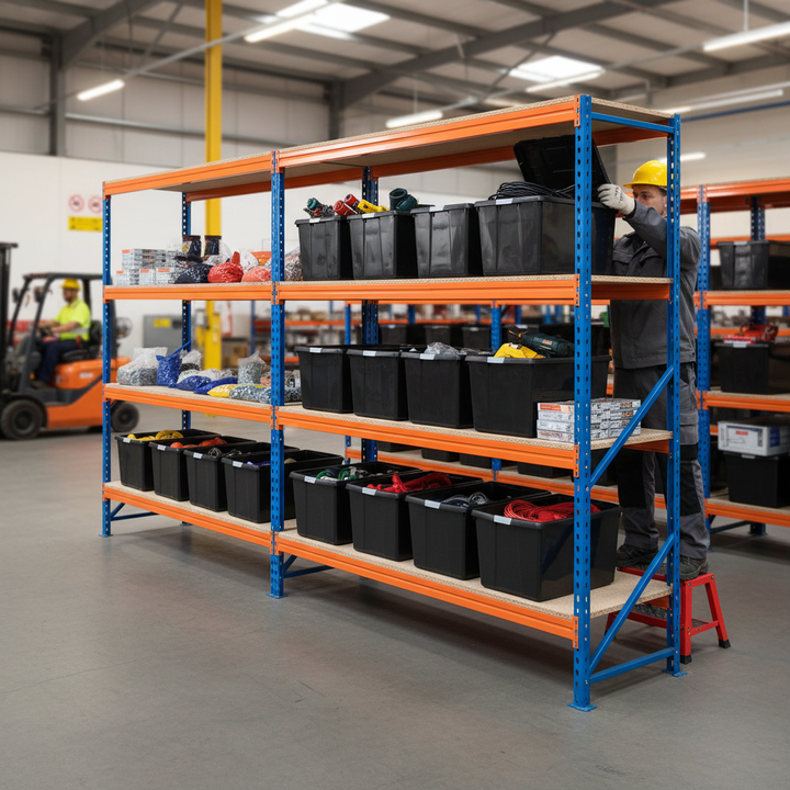3x Heavy Duty Shelving - 2200mm High - Blue & Orange with 12x 62L Plastic Storage Boxes - Side view