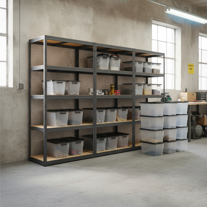 3x Heavy Duty Shelving Units - 1800mm High - Grey with 12x 24L Storage Boxes - Front view